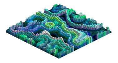 Voxel Dağı manzara pikseli sanat örneği - 3D tuğla kanyon - izometrik logaritmik model rahatlama konsepti çizimi