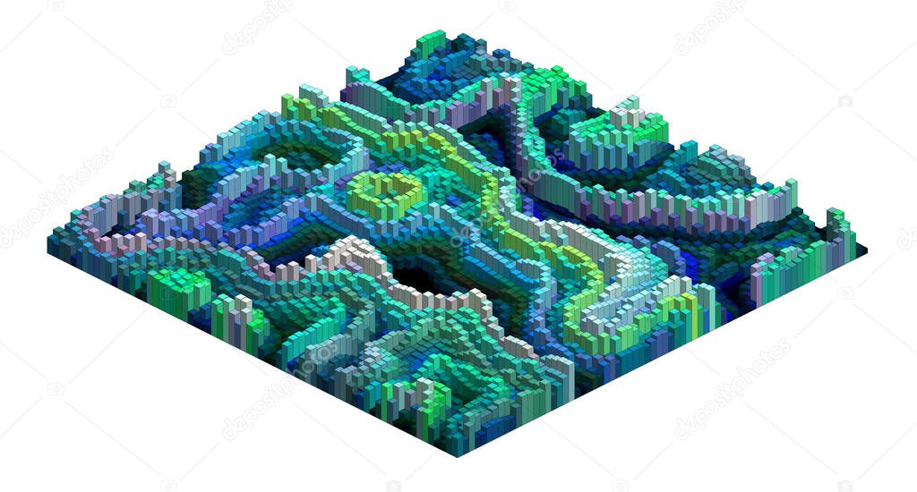Voxel mountain landscape pixel art sample - 3D brick canyon -  isometric logarithmic model relief concept  illustration