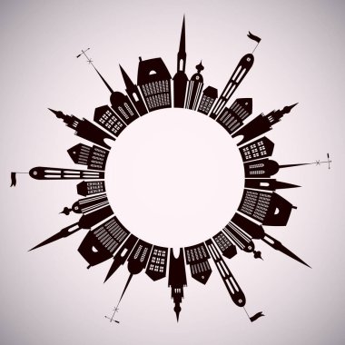 Evlerin siluetleriyle yuvarlak çerçeve - vektör illüstrasyonu 