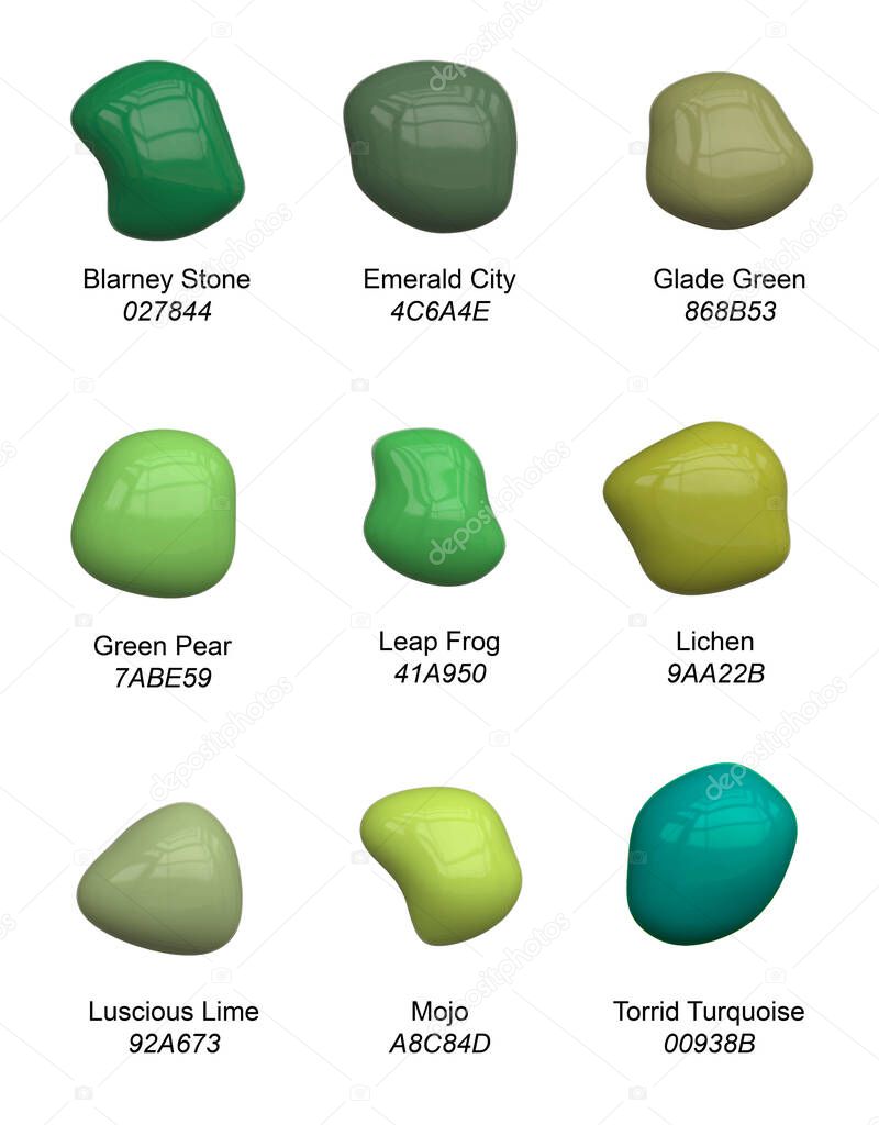 Set of handpicked emerald green paint tones - vector palette of drops of bright verdant shades for interior or craft with names and Hex numbers