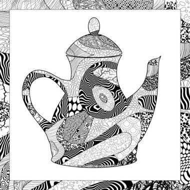 Vektör siyah ve beyaz çaydanlık çizimi
