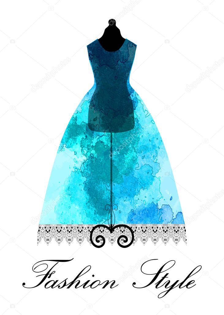 Fashion Style - blue vector   watercolor  dress on dummy