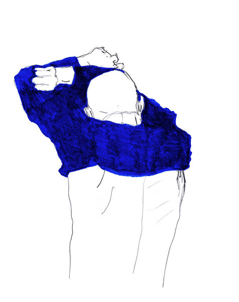 Hand drawn sketch of disrobing man