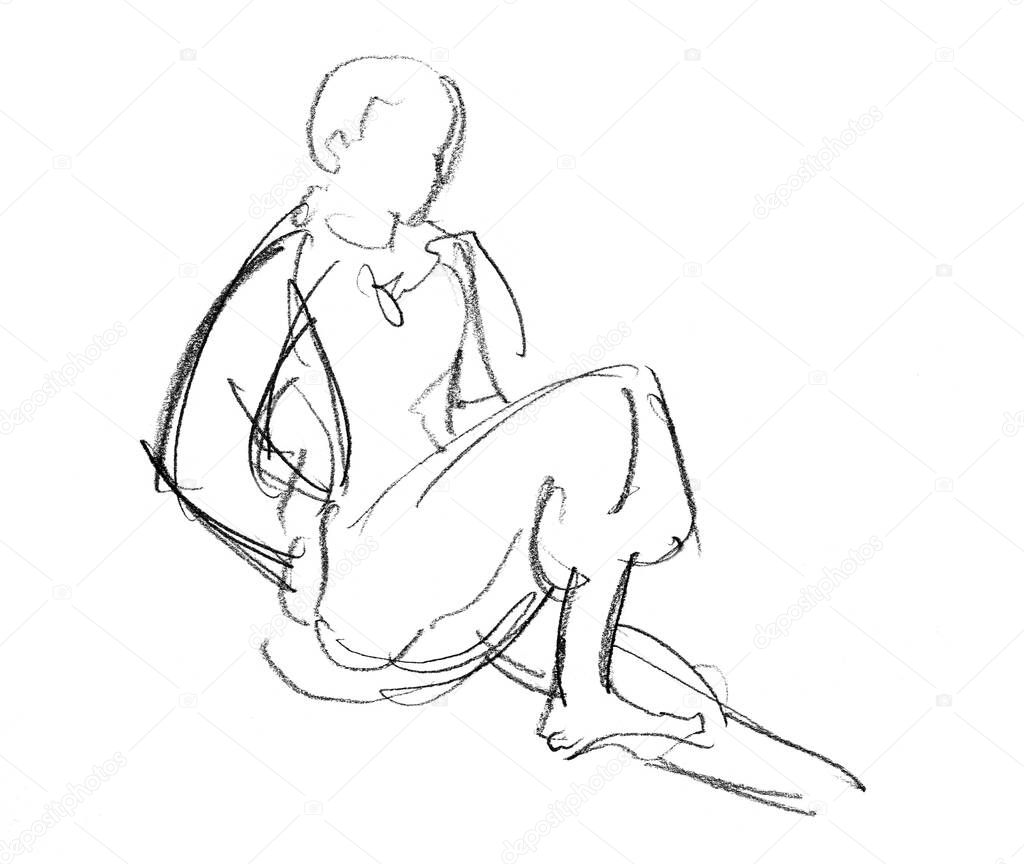 Hand drawn sketch of pensive girl