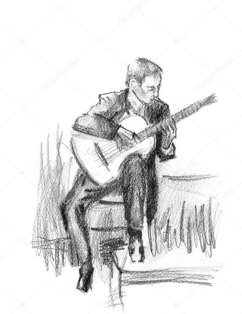 Hand drawn sketch of guitar player