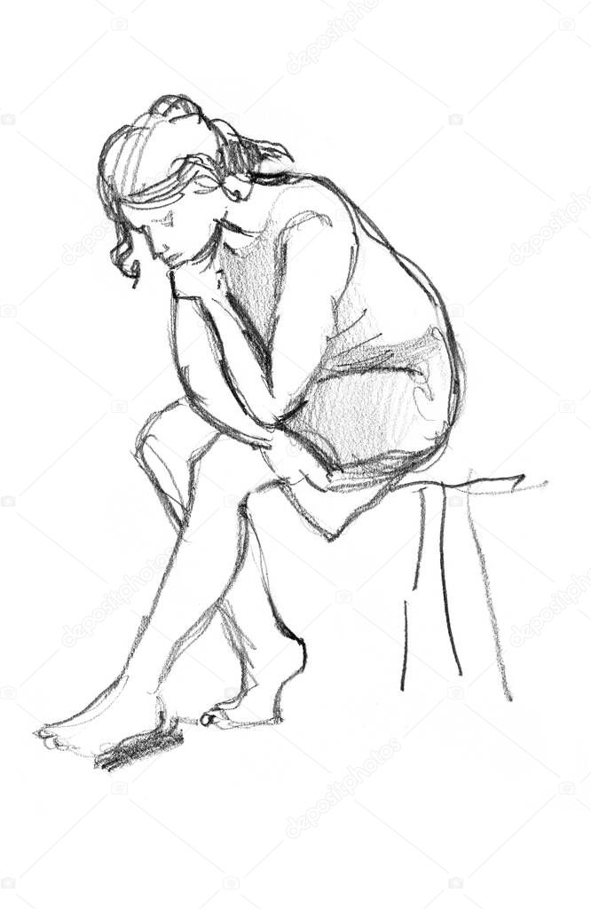 Hand drawn sketch of sorrowful woman
