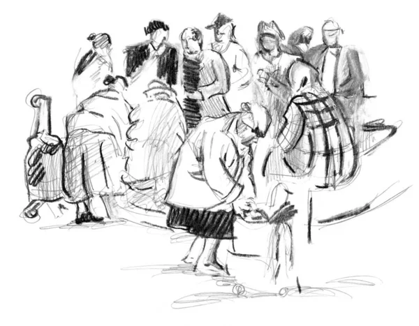 Met Hand Getekend Schets Van Oude Vrouw Bijeenkomsten — Stockfoto