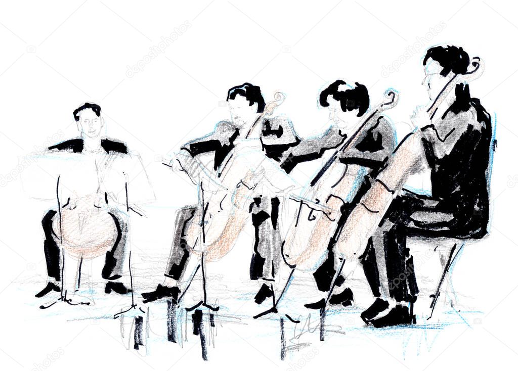 Hand drawn sketch of violoncellist quartet