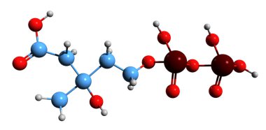 5-Diphosphomevalonic asit iskelet formülünün 3 boyutlu görüntüsü - beyaz arka planda izole edilmiş mevalonat yolunda ara yolun moleküler kimyasal yapısı