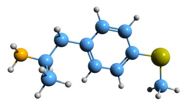  4-MTA iskelet formülünün 3 boyutlu resmi - beyaz arkaplanda 4-Metiltiloamfetaminin moleküler kimyasal yapısı izole edilmiş