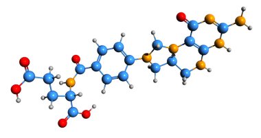 5.10-Metilenetrahydrofolate iskelet formülünün 3B görüntüsü - beyaz arkaplanda MTHF 'nin moleküler kimyasal yapısı izole edildi