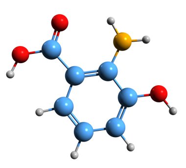 3 boyutlu iskelet asit formülünün 3 boyutlu görüntüsü - 2-Amino-3-hidroksibenzoik asidin moleküler kimyasal yapısı beyaz arkaplanda izole edilmiş