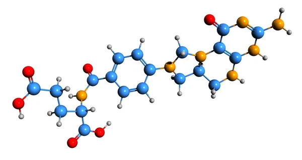5.10-Metilenetrahydrofolate iskelet formülünün 3B görüntüsü - beyaz arkaplanda MTHF 'nin moleküler kimyasal yapısı izole edildi