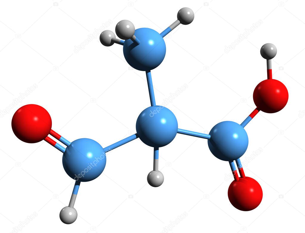 3D image of 2-Methyl-3-oxopropanoic acid skeletal formula - molecular chemical structure of methylmalonate semialdehyde isolated on white background