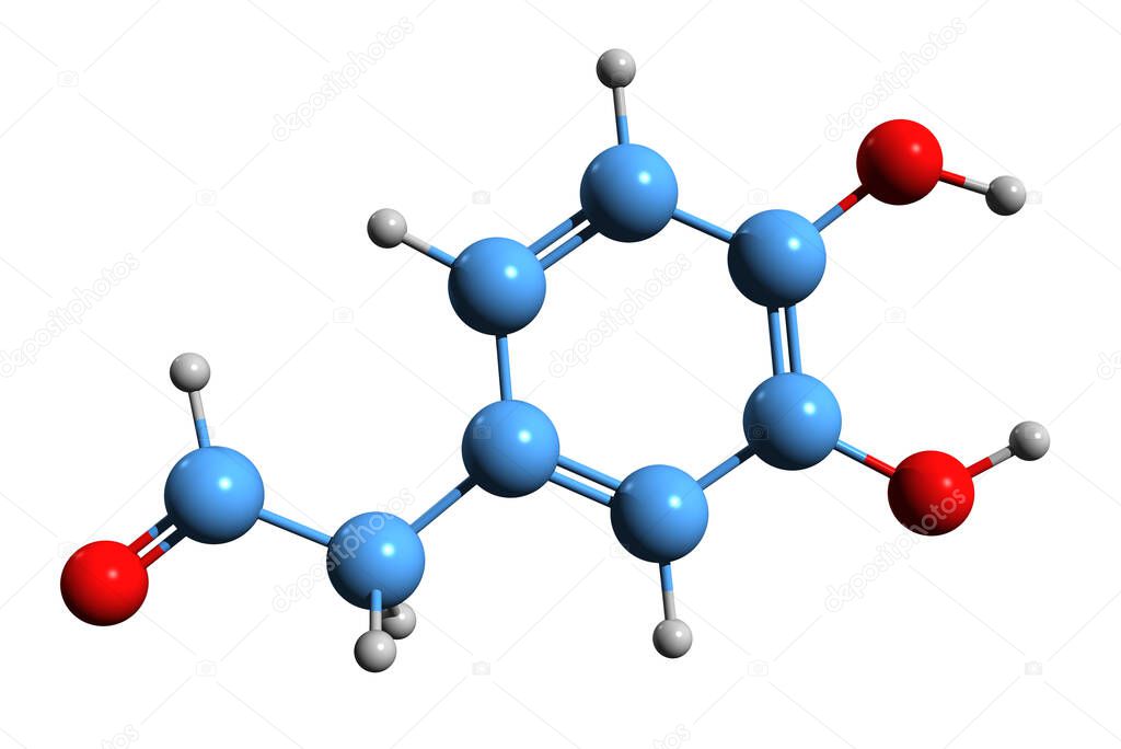 3D image of 3,4-Dihydroxyphenylacetaldehyde skeletal formula - molecular chemical structure of Dopaldehyde isolated on white background