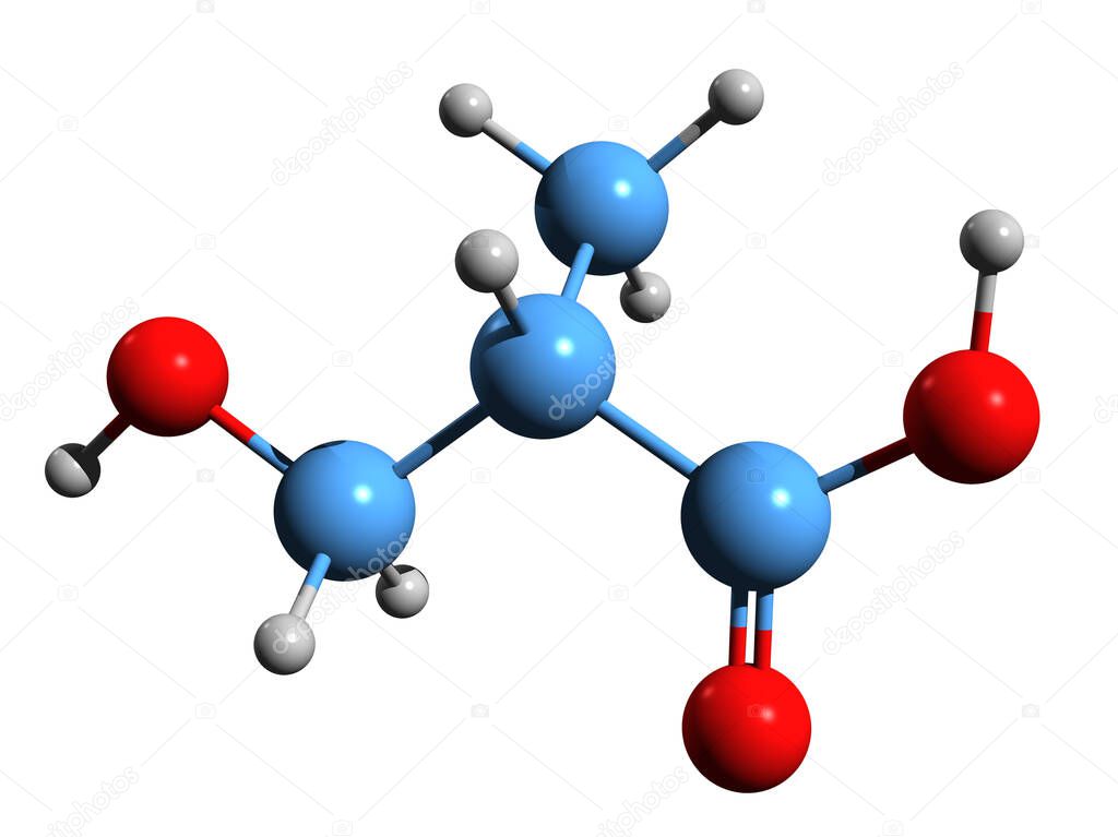3D image of 3-Hydroxyisobutyric acid skeletal formula - molecular chemical structure of 3-Hydroxy-2-methylpropanoic acid isolated on white background