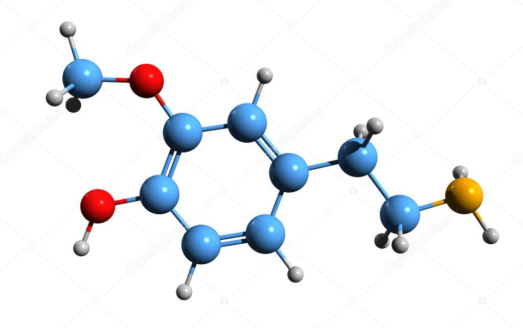3D image of 3-Methoxytyramine skeletal formula - molecular chemical structure of 3-MT isolated on white background