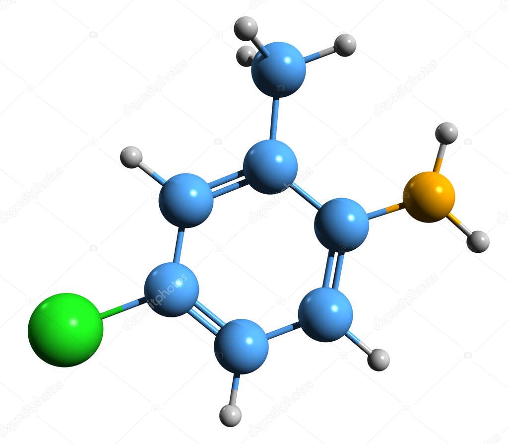 3D image of 4-Chloro-o-toluidine skeletal formula - molecular chemical structure of 4-COT isolated on white background