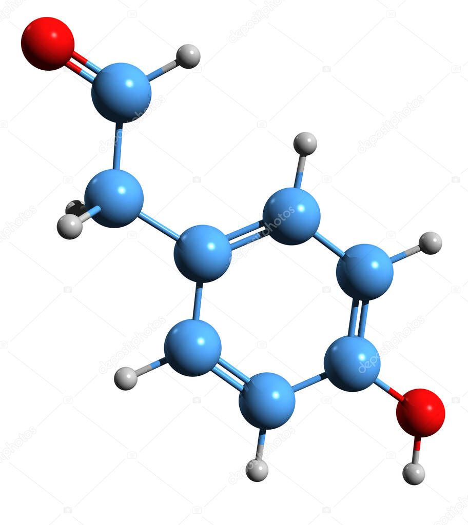 3D image of 4-Hydroxyphenylacetaldehyde skeletal formula - molecular chemical structure of  p-hydroxyphenylacetaldehyde isolated on white background