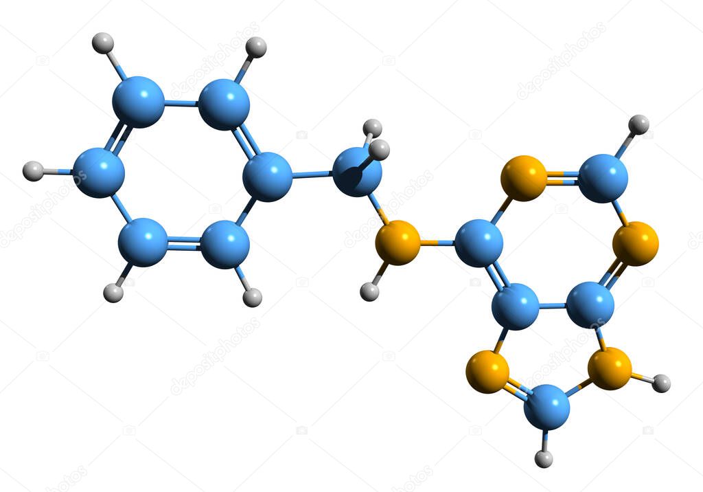 3D image of cytokinin BAP skeletal formula - molecular chemical structure of 6-Benzyladenine isolated on white background