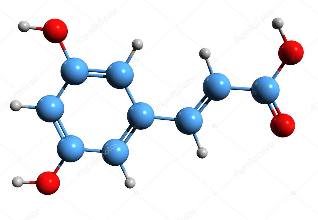 3D image of 3,5-Dihydroxycinnamic acid skeletal formula - molecular chemical structure of  isomer of caffeic acid isolated on white background