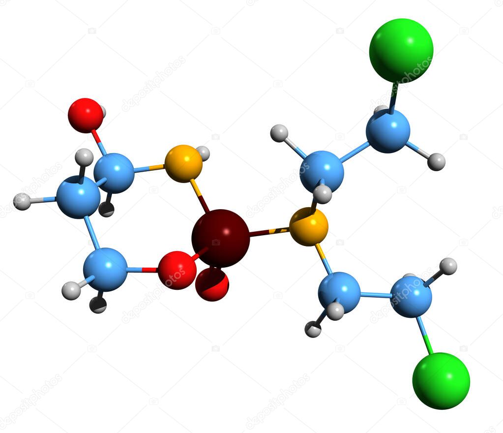 3D image of 4-Hydroxycyclophosphamide skeletal formula - molecular chemical structure of active metabolite of cyclophosphamide isolated on white background