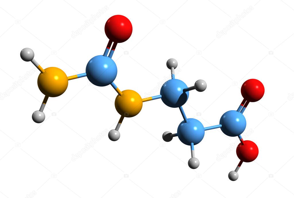 3D image of 3-Ureidopropionic acid skeletal formula - molecular chemical structure of N-carbamoyl-beta-alanine isolated on white background