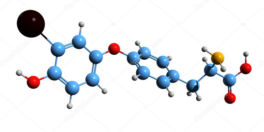 3D image of 3-Monoiodothyronine skeletal formula - molecular chemical structure of monoiodinated thyronine isolated on white background