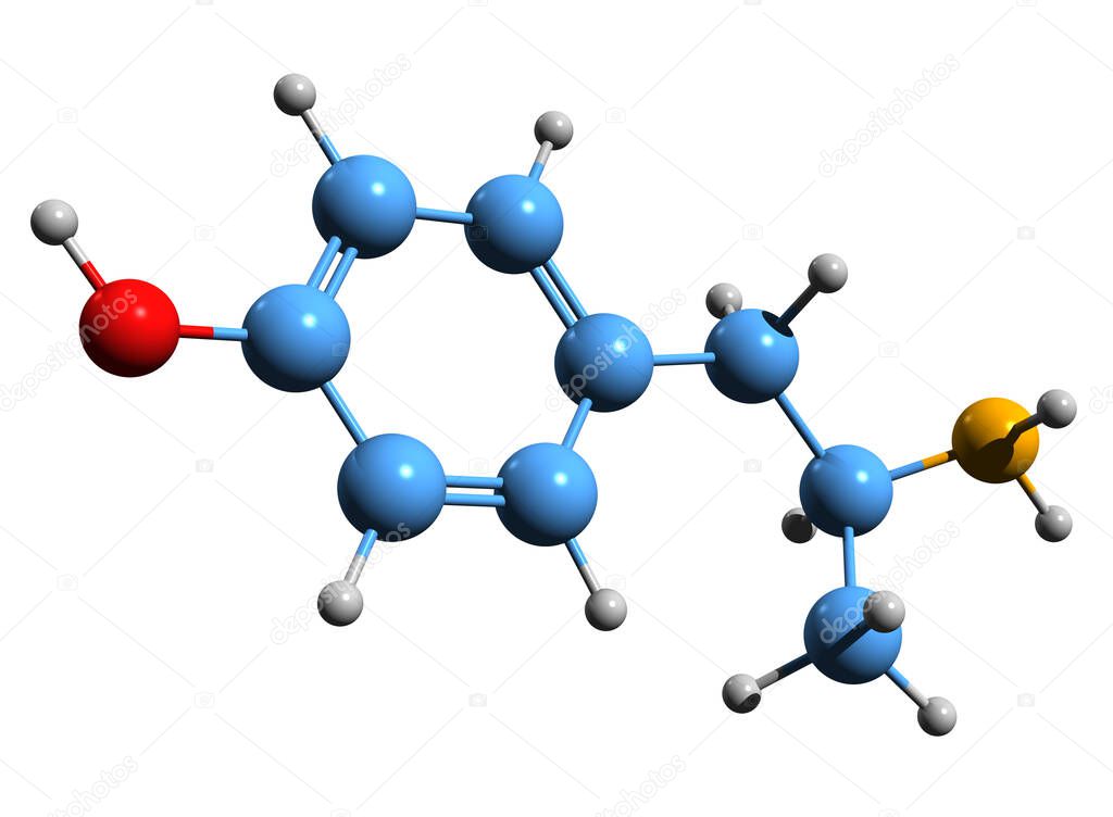3D image of 4-Hydroxyamphetamine skeletal formula - molecular chemical structure of 4HA isolated on white background