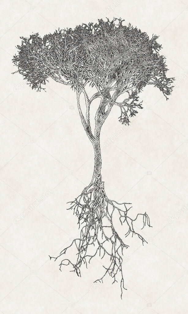 Shaded bare tree with root system 