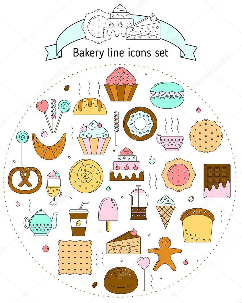 Bakery icons in line art style for websites and mobile