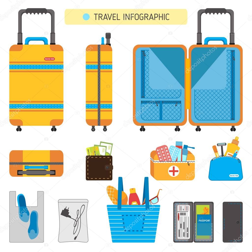suitcase with tourist stuff, suitcase set in flat style, travel infographics, pack suitcase infographic, how to pack your suitcase infographics, travel bags