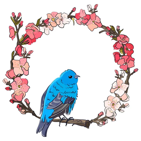 Kerek keret egy rózsaszín sakura egy kék madár egy esküvői dekoráció. Meghívás egy esküvői virág, vagy értesítőkártya. — Stock Vector