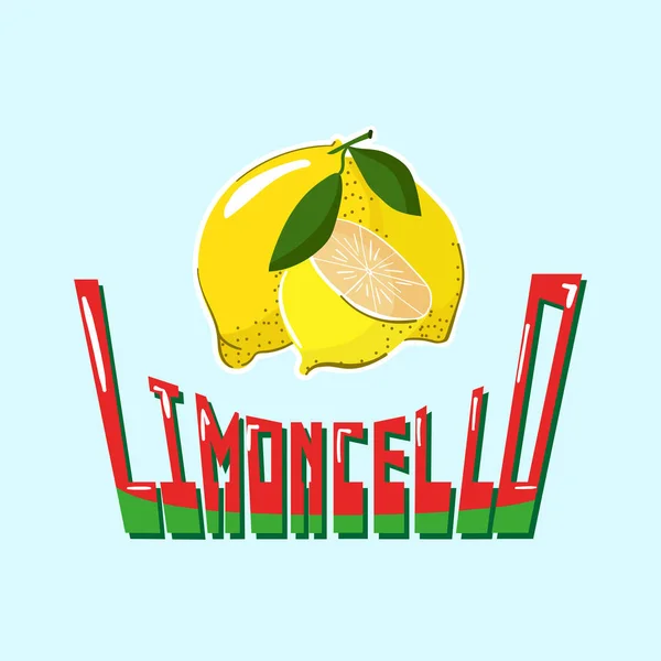 Vector. Limones frescos con hojas y descripción lomoncello — Vector de stock