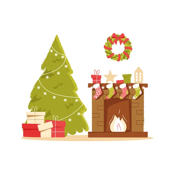 Klassischer gemauerter Kamin mit Weihnachtssocken, Geschenken und Geschenken auf neutralem Hintergrund. Neujahrsvektordarstellung im flachen Stil für Web-Banner, Grußkarten oder Tags — Stockvektor