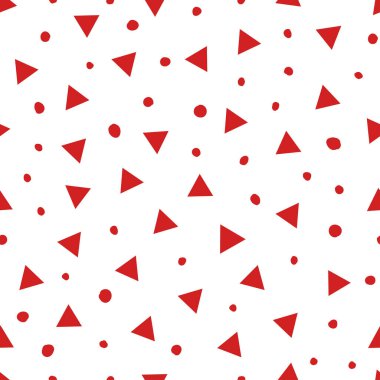 Simple abstract seamless pattern with triangles and dots. Holiday theme in red for wrapping paper. Background for childrens holiday or christmas party decoration, wrapping paper, wallpaper, cards and