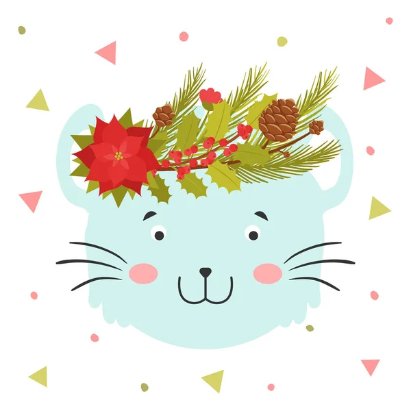 Мышиное лицо с рождественскими венками на голове. Симпатичное рождественское животное для открыток, плакатов, приглашений — стоковый вектор