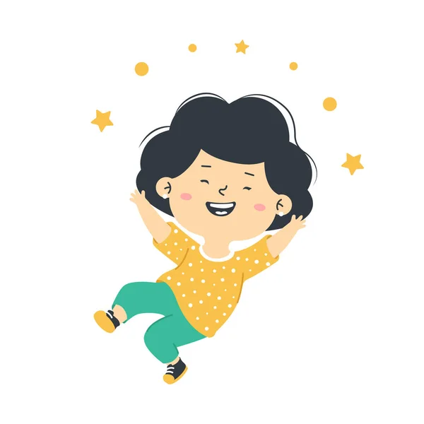 La ragazzina felice salta. Il bambino è felice, ride e salta. Illustrazione vettoriale isolata su sfondo bianco — Vettoriale Stock