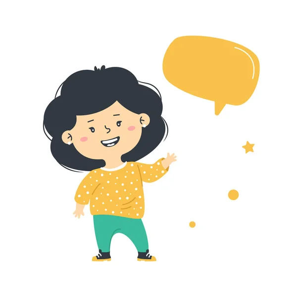 Gelukkig meisje staat. Conversationele zeepbel. Informatiebericht voor kinderen — Stockvector