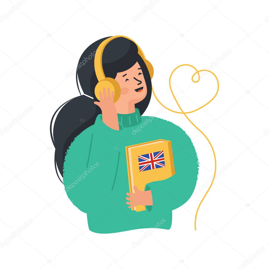 Online education concept. Girl listens to foreign language exercises by headphones. Online library