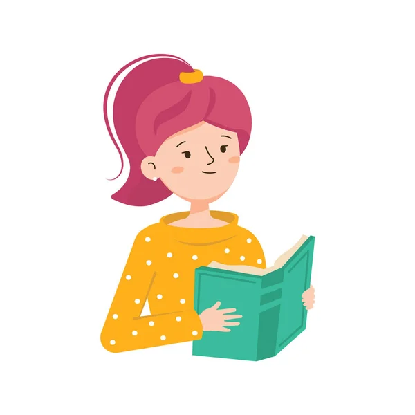 Gadis itu sedang membaca buku. Karakter wanita membaca sebuah buku. Konsep pelatihan, pendidikan, festival sastra - Stok Vektor