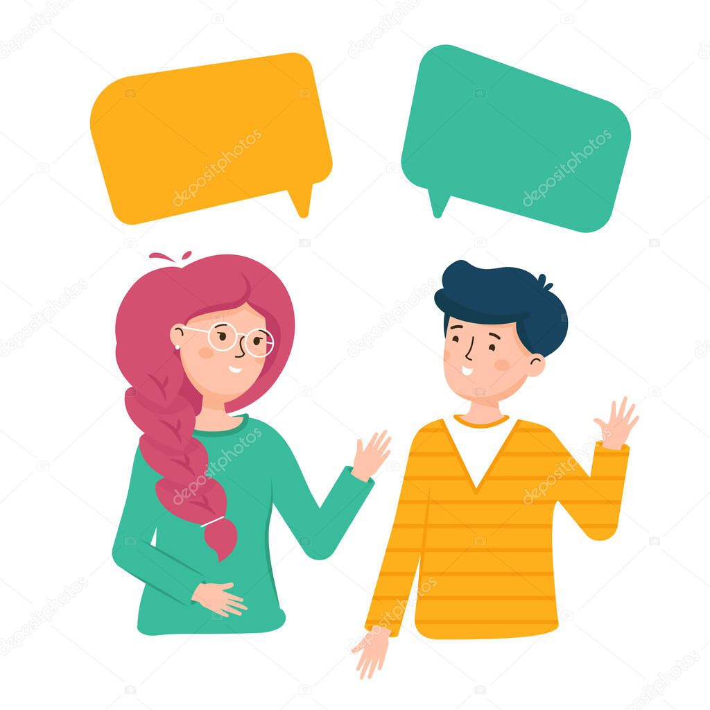 Girl and a guy are talking to each other . Friends to chat