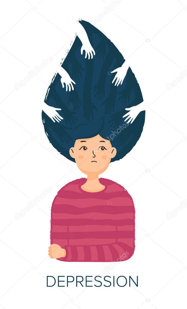 Girl with a psychological illness. Banner about a panic attack or anxiety. The concept of depression. Vector illustration isolated on white background