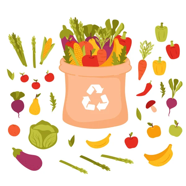 Estilo de vida verde. Bolsa de papel con verduras y frutas. Recogida de alimentos veganos — Archivo Imágenes Vectoriales