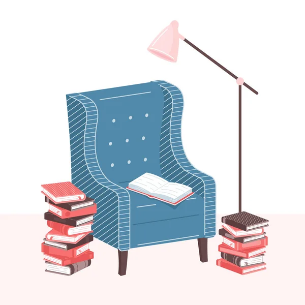 Bibliothèque d'accueil. Empilement de livres, livre ouvert, fauteuil et lampe dans le salon. Pile de livres illustration vectorielle. Concept de lecture à domicile — Image vectorielle