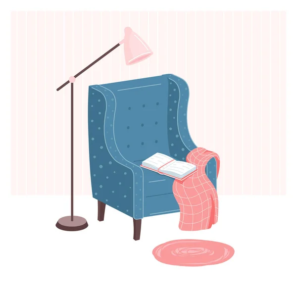 Bibliothèque d'accueil. Livre ouvert, couverture sur fauteuil et lampe dans le salon. Concept de lecture à domicile — Image vectorielle