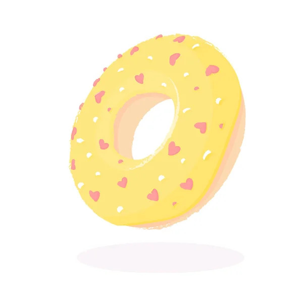 Donut mit gelbem Zuckerguss und Herzen auf weißem Hintergrund — Stockvektor