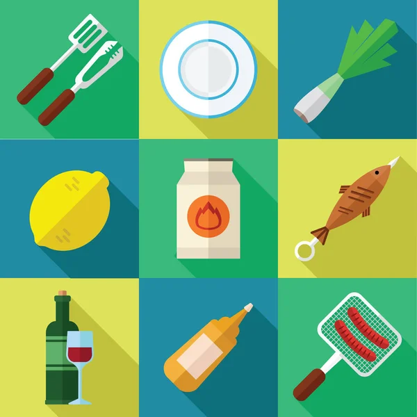 Picknick en Barbecue voedsel pictogram instellen in een platte ontwerp Vectorbeelden