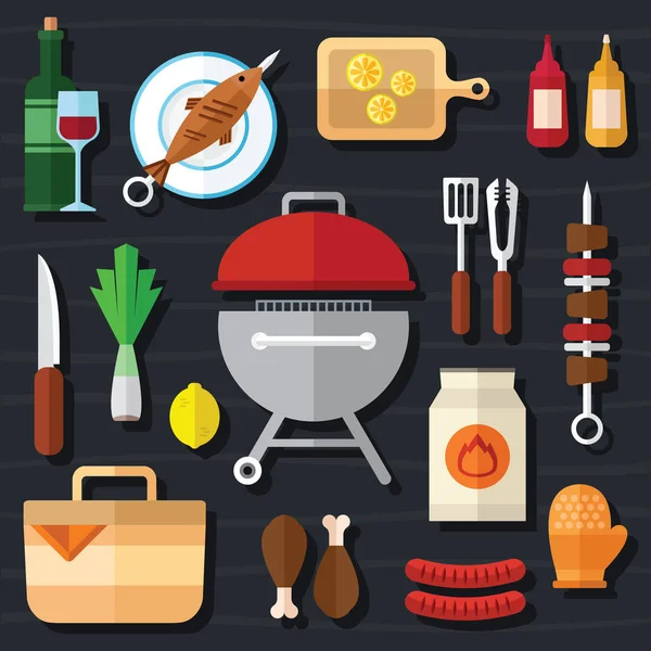 Picknick en Barbecue voedsel pictogram instellen in een platte ontwerp Stockvector