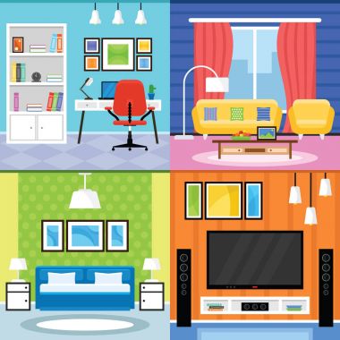 Oturma odası, yatak odası ve ev ofis Fu için ev iç tasarım